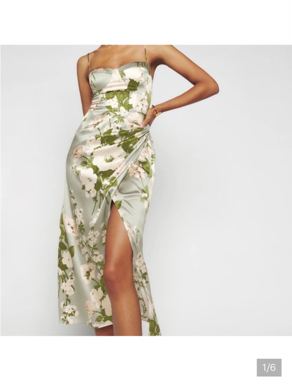 Reformation Marguerite Silk Dress in a green floral print